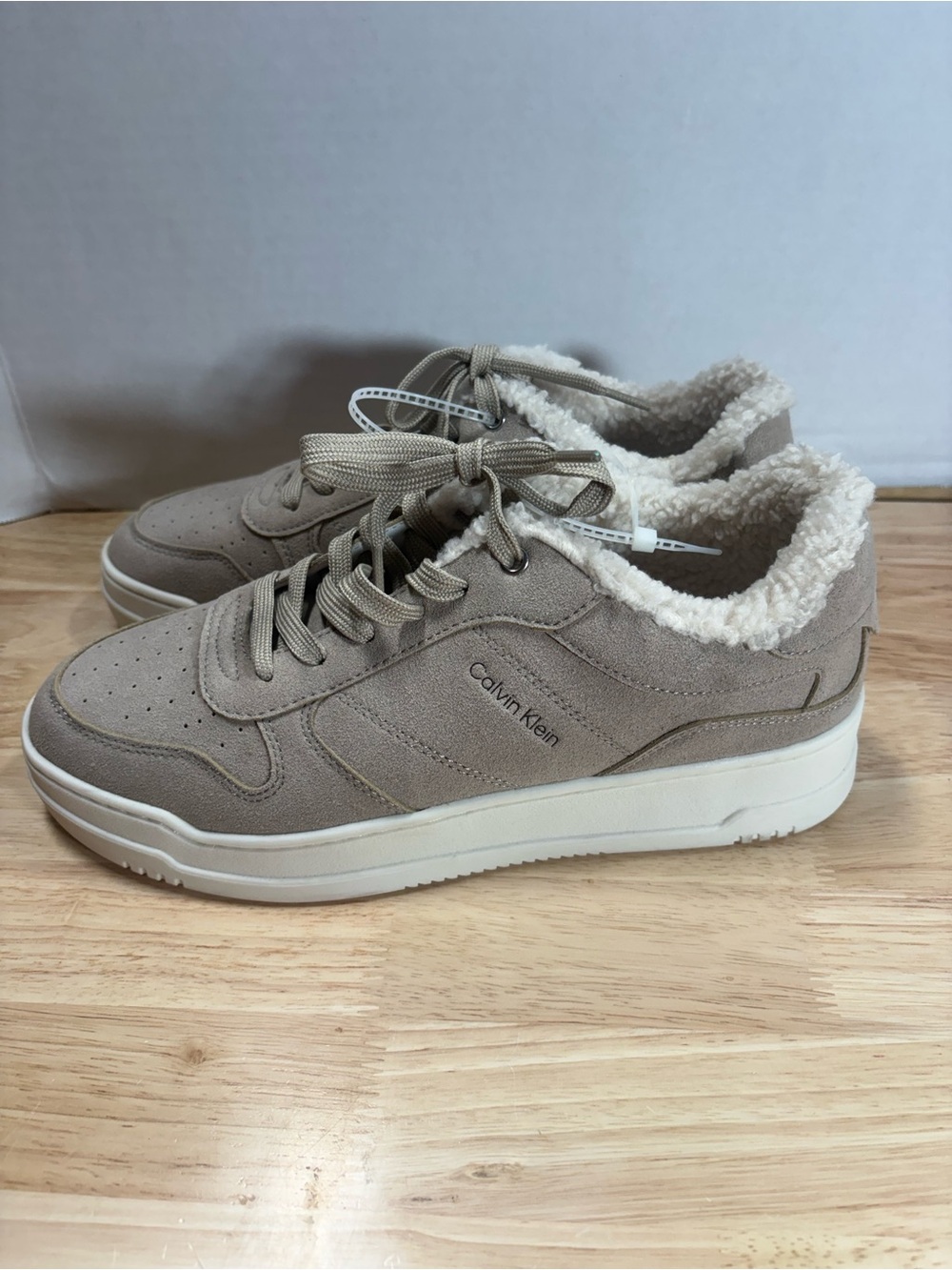 Women’s Size 10 Calvin Klein Taupe Suede-Look Sneakers with Sherpa Collar